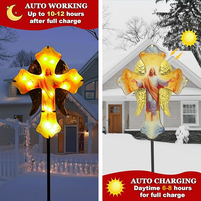 Solar Jesus Cross Garden Lights for Graves - Angel Wing Memorial Decor, Waterproof Cemetery Solar Stake Lights for Easter, Patio, Yard - Sympathy Gifts for Loved Ones1. Rootora