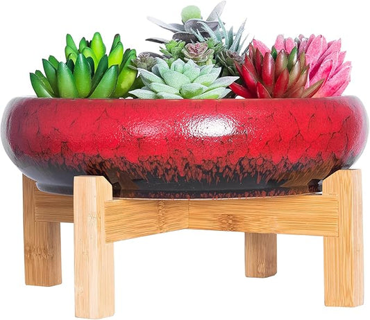 ARTKETTY Succulent Pots - 10 Inch Ceramic Bonsai Pots with Drainage Stand, Large Shallow Planters for Indoor Plants Decorative Garden Cactus Flower Plant Container Bowl ARTKETTY
