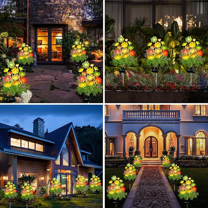 Kohlrabi Solar Garden Lights Outdoor, Upgraded 4 Pack Succulent Solar Lights, Gardening Gifts for Women, Succulent Plant Yard Decor Waterproof for Lawn Patio Pathway KohlrabiDecor