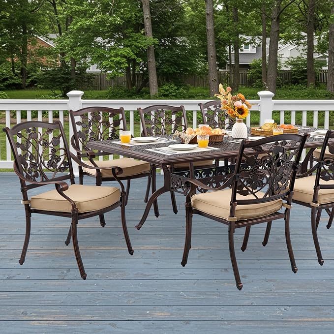 9-Piece Cast Aluminum Patio Furniture, Outdoor Dining Sets for 8 Include 87" Rectangular Patio Dining Table and 8 Stackable Chairs with Cushions & Umbrella Hole (Copper Red) Rootora