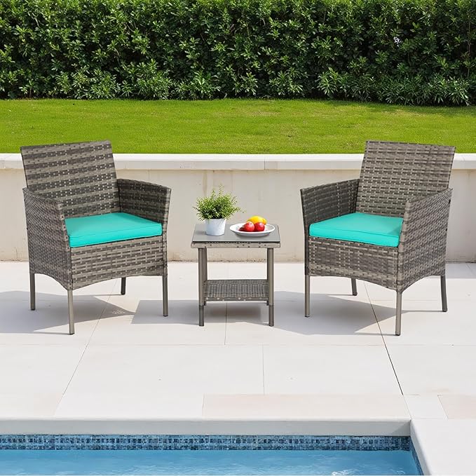 FDW | 3-Piece Patio Furniture Set | Gray & Blue | Outdoor Wicker Furniture with Coffee Table | Modern Rattan Chairs Conversation Set | Outdoor Seating | Weather-Resistant | for Porch, Garden, Lawn FDW