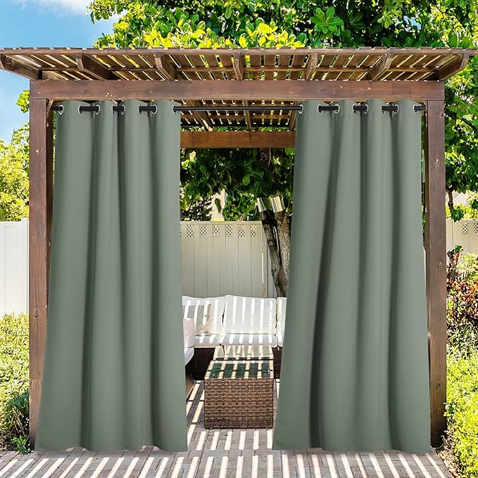 NICETOWN 2 Panels Patio Curtains for Outdoor Waterproof, Rustproof Grommet Thermal Insulated Room Darkening Indoor Outdoor Drapes Privacy for Balcony/Pergola, W52 x L108, Sage Green NICETOWN