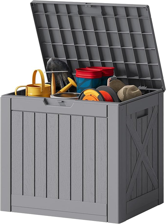 JUMMICO 42 Gallon Deck Box Waterproof, Resin Outdoor Storage Box with Side Handles, Outdoor Storage Benches Lockable for Patio Cushions and Garden Tools (Gray) JUMMICO