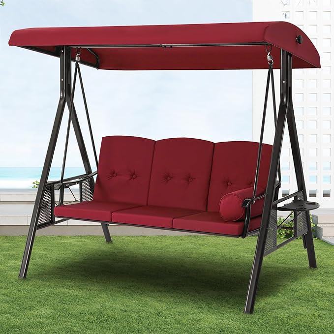 U-MAX 3-Seat Porch Swing Chair Steel Frame, Patio Swing Chair with Stand and Removable Cushions, Outdoor Canopy Swing Chair for Outside, Backyard, Garden, Burgundy Cushion U-MAX