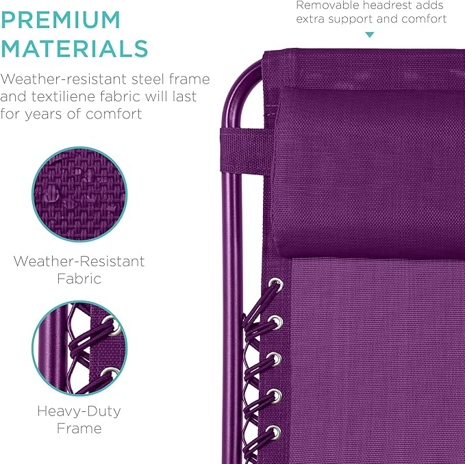 Best Choice Products Set of 2 Adjustable Steel Mesh Zero Gravity Lounge Chair Recliners w/Pillows and Cup Holder Trays - Amethyst BestChoiceProducts