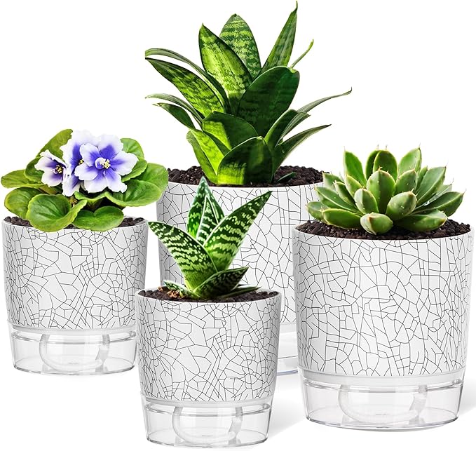 4 Pack Self Watering Pots for Indoor Plants, 4" + 5.5" Flower Pots with Wick Rope and Reservoir, Plant Pots for African Violet, Spider Plant, Orchid Rootora