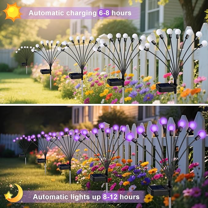 Solar Garden Lights 16 LEDs, Purple, 2 Pack 8 Heads, Outdoor Waterproof, Swaying Firefly Lights for Yard, Patio, Pathway, Lawn Decorations ZFNN