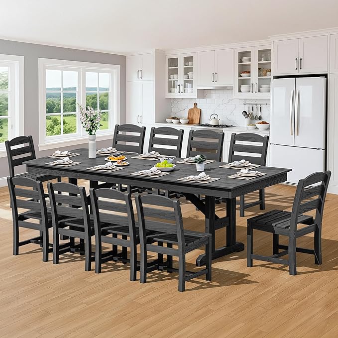 SERWALL 11 Piece Outdoor Dining Set, 84" HDPE Outdoor Table and Chairs for 10，All Weather Patio Furniture Set with Umbrella Hole for Backyard, Garden, Black SERWALL