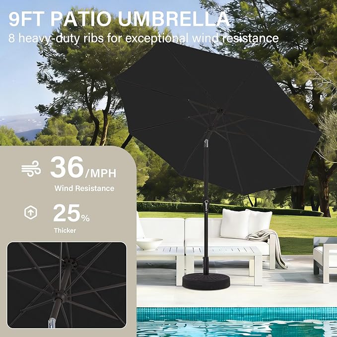 MEWAY 9ft Patio Umbrella Outdoor Table Umbrellas with Push Button Tilt and Crank, Market Umbrella 8 Sturdy Ribs for Deck, Garden, Pool and Backyard, Black MEWAY