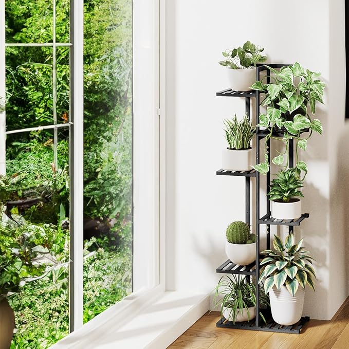 ROSSNY 48 Inch Tall Plant Stand Indoor, 6 Tier 7 Potted Bamboo Plant Stands for Indoor Plants, Corner Plant Stand, Tiered Plant Stands, Plant Shelf For Indoor, Planter Holder for Multiple Plants Indoor, Black ROSSNY