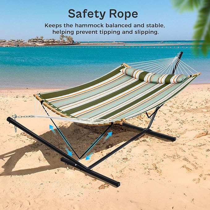 SUPERJARE Hammock with Stand, 2 Person Heavy Duty Hammock with Padded Cotton, Detachable Pillow & Strong Curved-Bar & Portable Carrying Bag, Perfect for Outdoor & Indoor, Retro Green SUPERJARE