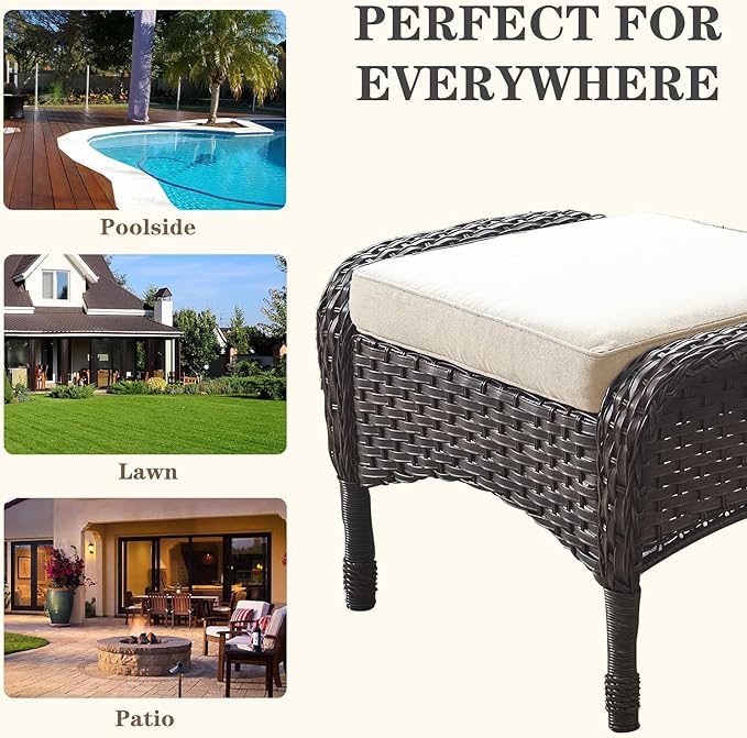 Belord Outdoor Ottomans for Patio Foot Rest - 25 Inch PE Wicker Foot Stool Set of 2 with Removable Cushions for Patio Furniture Sets,All Weather Rattan Ottoman for Balcony Deck Backyard Brown Belord