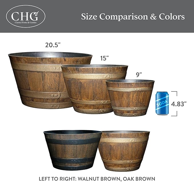 Classic Home and Garden Outdoor Whiskey Resin Flower Pot Barrel Planter, Walnut Brown, 20.5" (2 Pack) ClassicHomeandGarden