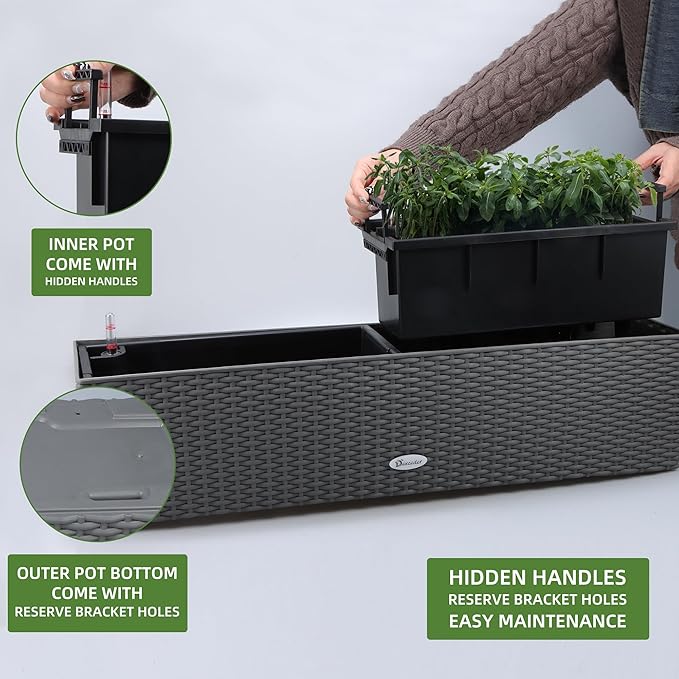 Dexceder 31.5 Inch Rattan Self Watering Planter Indoor Outdoor, Thickened Large Rail Flower Plant Pot Window Box with Water Level Indicators & Bracket (Deep Gray) Dexceder