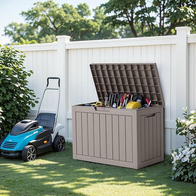 EasyUp 45 Gallon Outdoor Storage Box, Resin Waterproof UV-Resistant Deck Box, Reinforced Stability for Patio, Garden, and Poolside, Striped Gray EASYUP