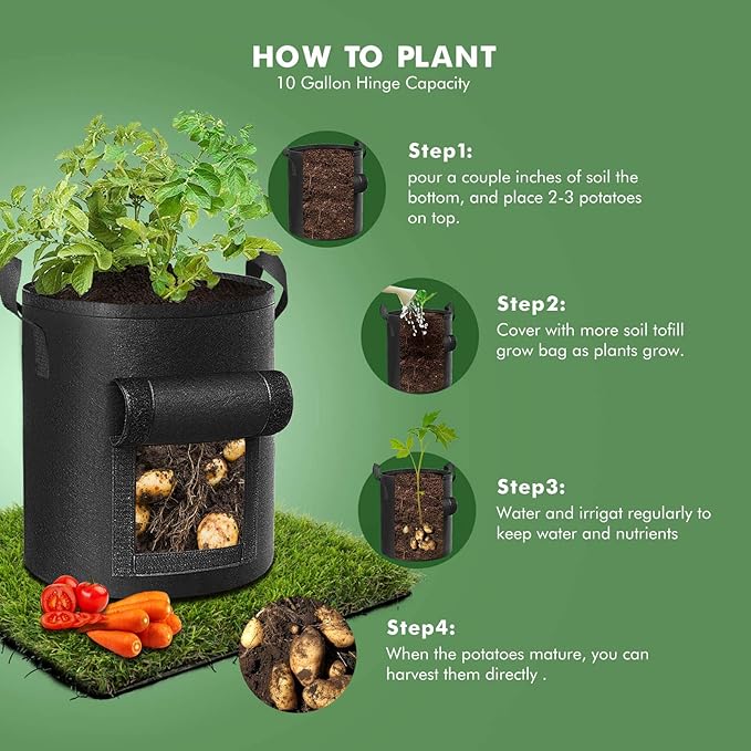 5-Pack 10 Gallon Potato Grow Bags, Garden Planting Bag with Reinforced Handle, Thickened Nonwoven Fabric Pots for Tomato, Vegetable and Fruits Cavisoo