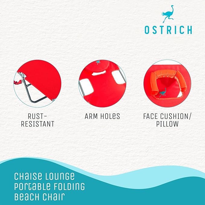 Ostrich The Original Chaise 72 x 22 Inch Lounge Portable Reclining Lounger, Outdoor Patio, Beach, Lawn, Camping, or Pool Tanning Chair, Red OstrichProducts