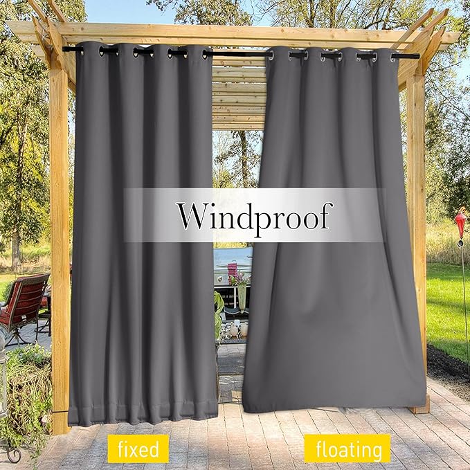 NICETOWN 2 Panels Blackout Weighted Outdoor Curtains for Patio Waterproof, Grommet & Back Tab on Top & Bottom Keep Privacy Light & Sound Block for Porch with Bonus Rope for Fixed, Grey, W52 x L72 NICETOWN
