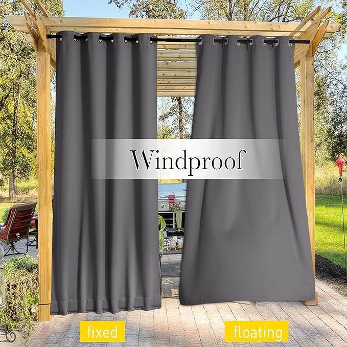 NICETOWN 2 Panels Outdoor Curtains Grommet & Back Tab on Top & Bottom for Patio Waterproof, Thermal Insulated Windproof Blackout Outdoor Drapes Privacy with Rope for Fixed, W52 x L120, Grey NICETOWN