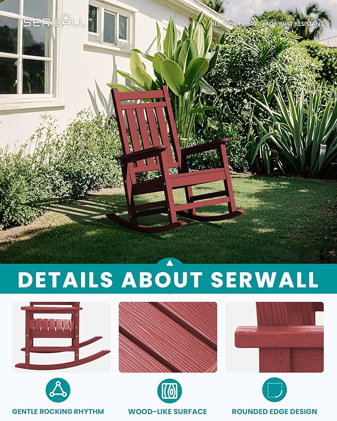 SEWALL HDPE Rocking Chair, Oversized Outdoor Rocking Chair for Adults, Patio Rocker for Porch, Crimson Red SERWALL