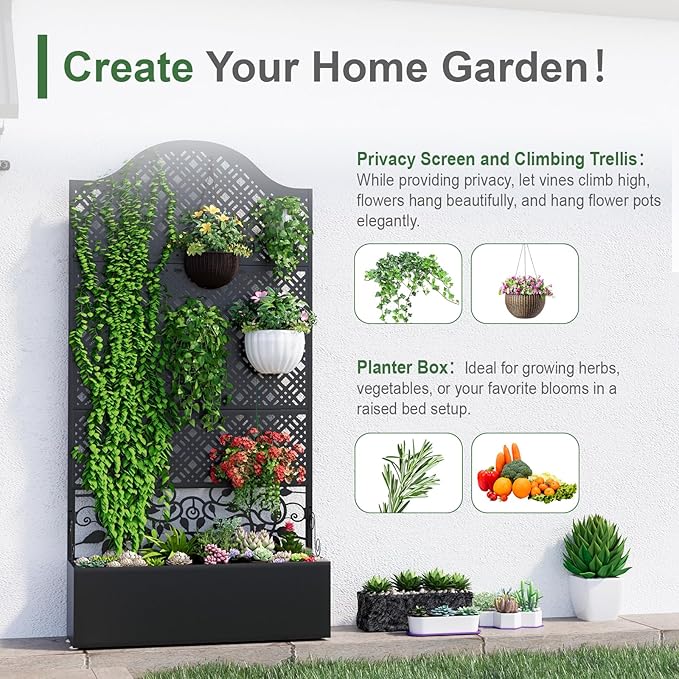 Metal Raised Garden Bed with Trellis & Privacy Screen - 83"x40"x11.8" Freestanding Planter Box for Patio Balcony, Modern Planter with Drainage Holes for Climbing Plants, Flowers & Vegetable XOCUWU