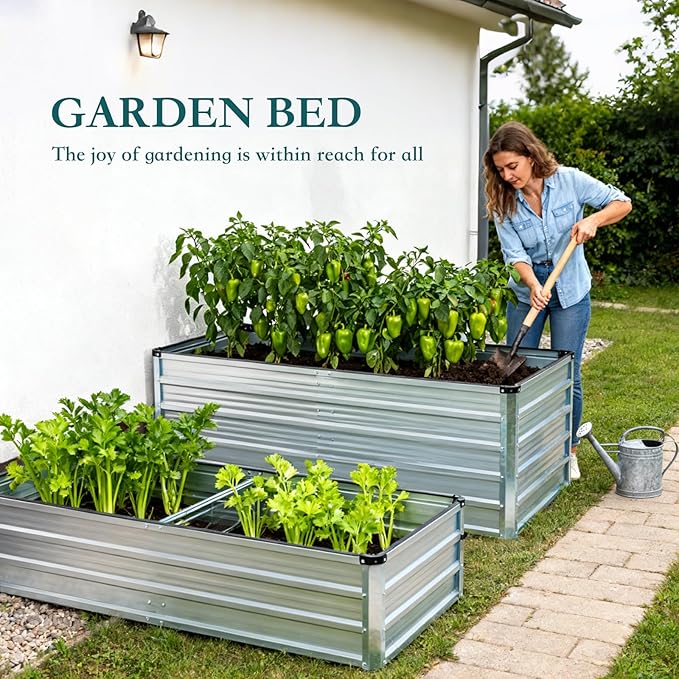 DUMOS Raised Garden Bed Outdoor, 2 Pcs 6x3x1ft Planter Box Outdoor for Deep-Rooted Herbs/Flowers/Vegetables, Large Metal Garden Bed for Patio, Balcony and Backyard, Silver DumosLifestyle