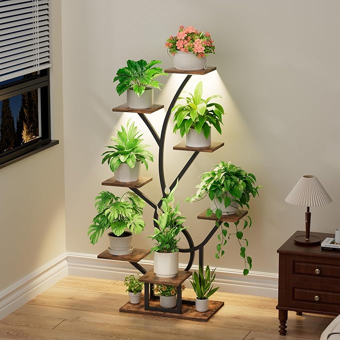 Plant Stand Indoor with Grow Lights - 8 Tiered Corner Plant Shelf Indoor, 50" Tall Lighted Plant Stand for Indoor Multiple Plants, Flower Stands Display Rack Holder for House, Patio, Black EVAWOO