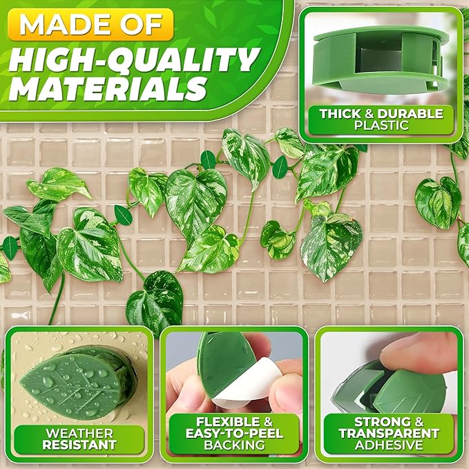 60Pcs Plant Climbing Wall Fixture Clips with 72Pcs Self-Adhesive Stickers - Leaf-Shaped and Weather-Resistant Money Plant Vine Wall Clips - Easy Installation Pothos Climbing Support for Vines & Cables DIMROM
