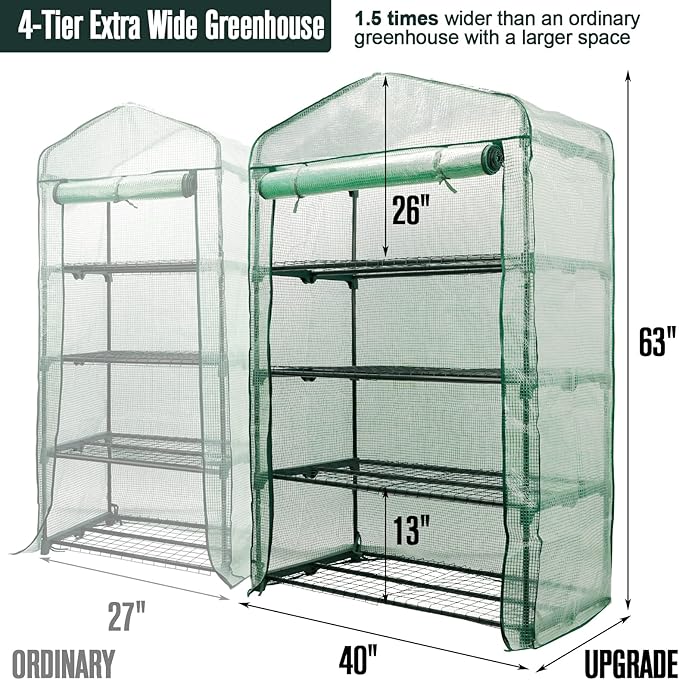 Worth Garden 50% Extra Wide Mini Greenhouse 4 Tier Portable Plant Green House 40in Wide -Sturdy Gardening Shelves with PE Cover & Roll-Up Zipper Door - Indoor & Outdoor Use - 19″W. x 40″L. x63″H. WORTH