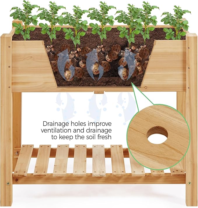 Yaheetech 34x18x30in Horticulture Raised Garden Bed Planter Box with Legs & Storage Shelf Wooden Elevated Vegetable Growing Bed for Flowers, Plants, Backyard, Patio, Balcony, Light Brown Yaheetech