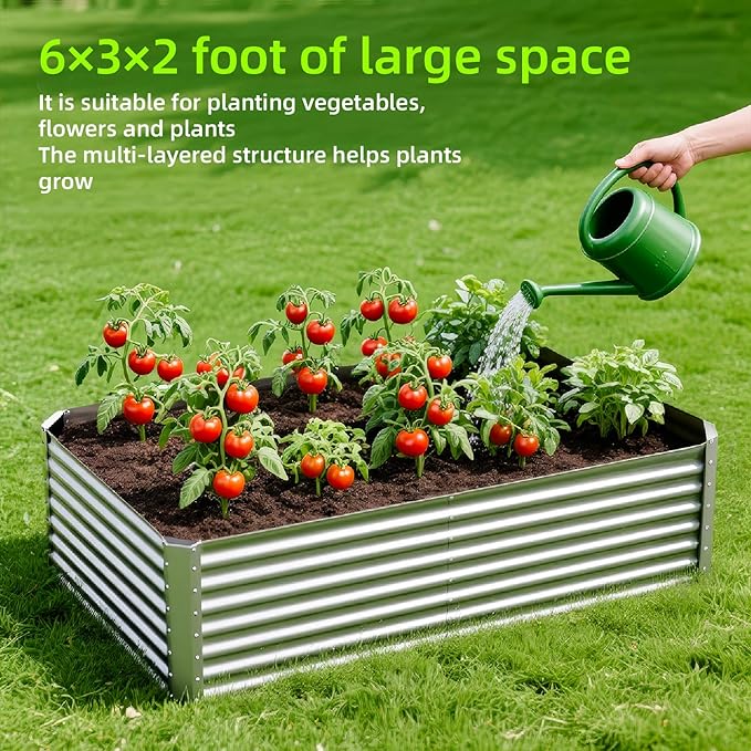 6X3X2ft (1 Pack) Galvanized Raised Garden Bed,Outdoor Courtyard Planter Box Metal Patio Kit Planting Bed for Vegetables Flowers Herb,The material is thickened and not prone to deformation or rust Anmiro