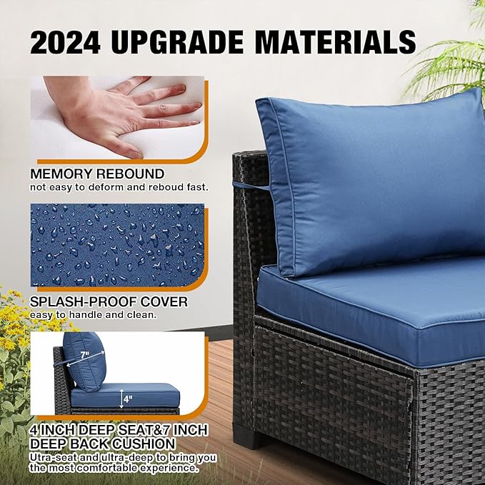 9 Pieces Patio Furniture Set All-Weather Outdoor Wicker Sectional Conversation Sofa Rattan Patio Seating Sofa with Cushion and Glass Table and Ottoman for Porch Poolside,Navy JOYURE