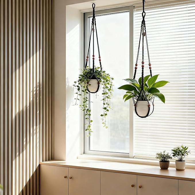 35 Inch Macrame Plant Hanger, Large for up to 15 Inch Pot Extra Long Hanging Planter Holder Basket with Wood Beads for Indoor Outdoor Home Decor (Black, 1-Pack) Rootora