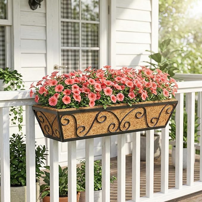 Y&M 24 Inch Window Deck with Coco Liner, Fence Metal Hanging Flower Planter Window Basket Deck Railing Planter Boxes for Outdoor Garden Lawn-Butterfly, 6pcs YM