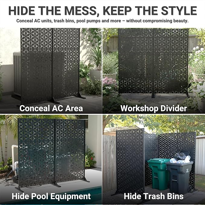 6FT Metal Privacy Screen Outdoor – Decorative Laser Cut Privacy Fence Panel for Patio, Deck & Garden, Rustproof Steel Privacy Divider, Modern Geometric Design, Freestanding Outdoor Privacy Screen TALLYVERUS