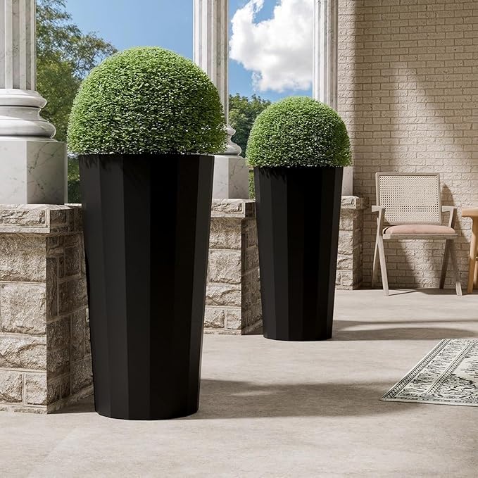 23.6" Tall Outdoor Planters Set of 2, Large Planters for Outdoor Plants for Porch Decor with Drainage Hole, Wide Stripe Design Porch Flower Pots for Indoor Pot Patio/Garden, Black Outdoorchairs