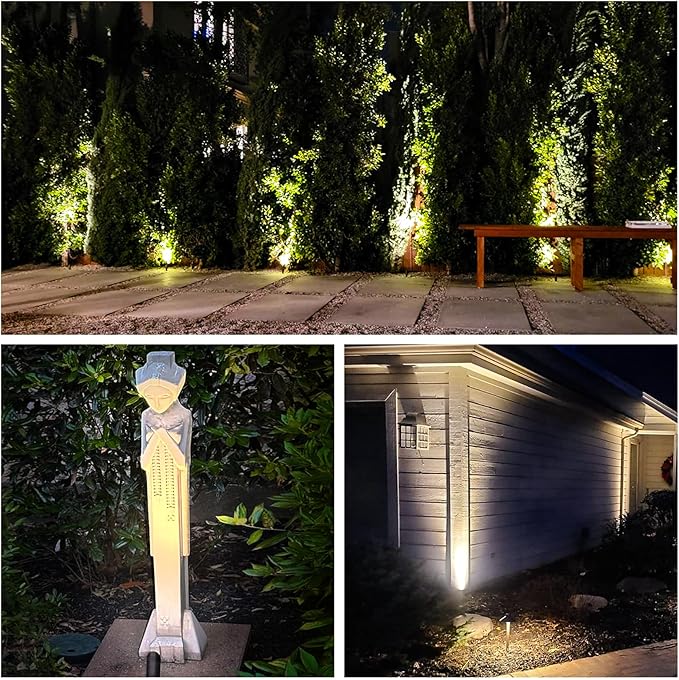 GKOLED 6 Pack Mini Size Brass Landscape Spotlight, Low Voltage 12V AC/DC Outdoor Directional Up Light, 180 LM, 3W MR8 LED Bulb ABS Ground Stake, 2700K Warm White, Garden Patio Trees Spot Uplight GKOLED