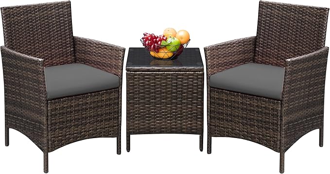 Greesum 3 Pieces Patio Furniture Sets Outdoor PE Rattan Wicker Chairs with Soft Cushion and Glass Coffee Table for Garden Backyard Porch Poolside, Brown and Gray BuynowfromGreesum