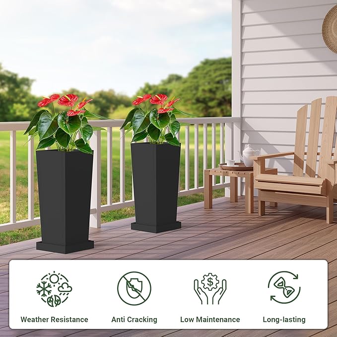 Tall Outdoor Planters Set of 2, 24 inch Tall Planters for Outdoor and Indoor, Metal Tapered Pots with Drainage Holes & Insert Shelves & Trays for Porch, Garden, Patio, Yard Toriexon