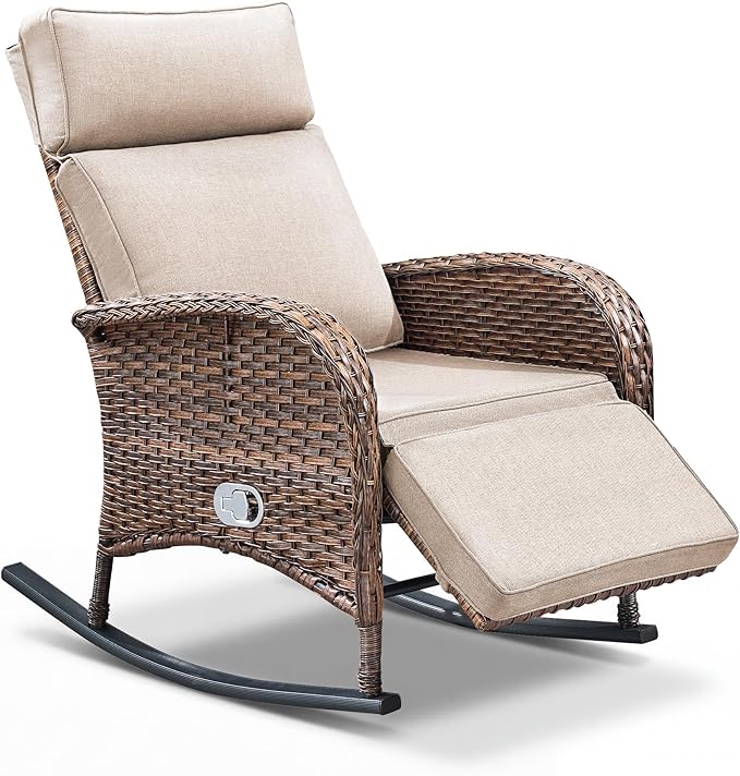Zero Gravity Patio Rocking Wicker Recliner Chair - Wicker Outdoor Lounge Chair with Adjustable Backrest & Footrest, All Weather Reclining Rocker Chairs with Thick Cushion for Pool Deck Beige JelwalyPatioFurnitureSet