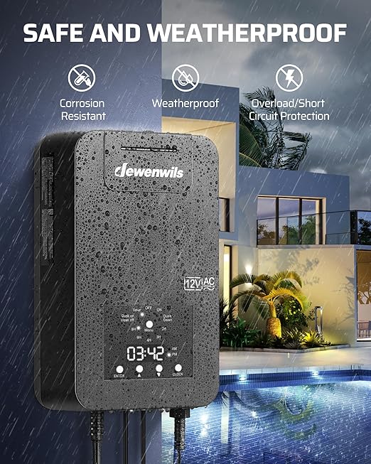 DEWENWILS 200W Low Voltage Landscape Transformer with Photocell Sensor & Timer, 120V AC to 12V/14V AC, Weatherproof Outdoor Landscape Lighting Transformer for Garden Lights, Spotlights, Steplights DEWENWILS