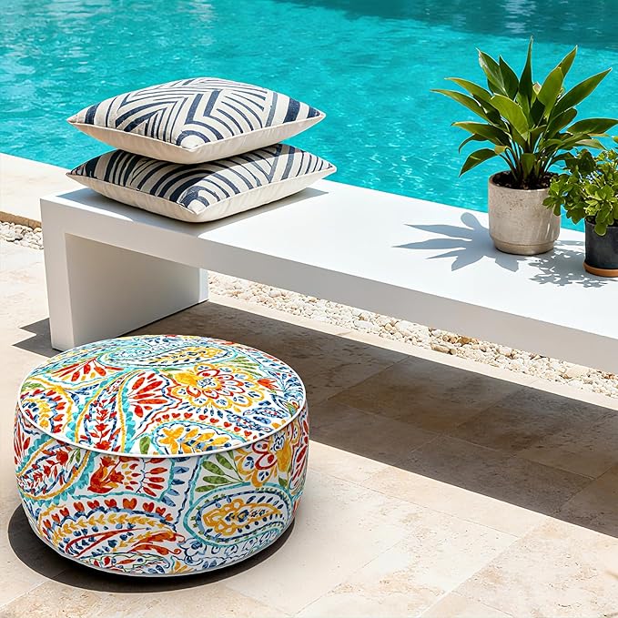 LVTXIII Indoor/Outdoor Inflatable Ottoman with Handle D21 x H9 Inch, Weather-Resistant Round Footstool Pouf for Patio Camping Living Room, Portable Footrest Extra Seating, Paisley Ummi Multi LVTXIII