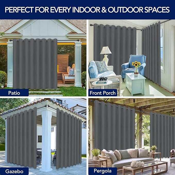 PureFit Outdoor Curtains for Patio Waterproof Weatherproof, UV Resistant Outside Curtains for Gazebo, Front Porch, Pergola, Sun Blocking Privacy Curtain, 120W x 95L inch, 1 Panel, Gray PureFit