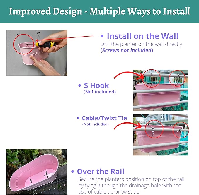 LaLaGreen Rail Planter Outdoor Plants (6 Pack, 9.8 Inch) Small and Cute Metal Iron Strawberry Hanging Flower Pot Deck Railing, Colorful Mini Fence Bucket Wall Mount Window Box Plant Holder Porch Decor L%C3%A1L%C3%A1Green