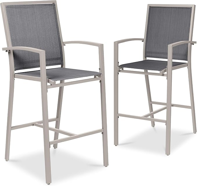 Best Choice Products Outdoor Bar Stools Set of 2, Bar Height, Patio Furniture, All Weather Mesh Design w/Armrest - Taupe/Charcoal BestChoiceProducts