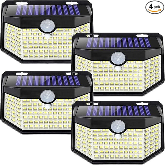 HMCITY Solar Lights Outdoor 120 LED 3 Lighting Modes,Motion Sensor Wall Lights, IP65 Waterproof Solar Powered Wall Lights for Garden Deck Lights (Front Button 4Packs, Black Shell-Daylight White) LightingUpYourLife