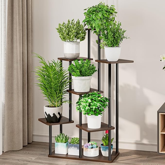 AZERPIAN Plant Stand 7 Tier Indoor Metal Flower Shelf for Multiple Plants Corner Tall Flower Holders for Patio Garden Living Room Balcony Bedroom, Black Oak AZERPIAN