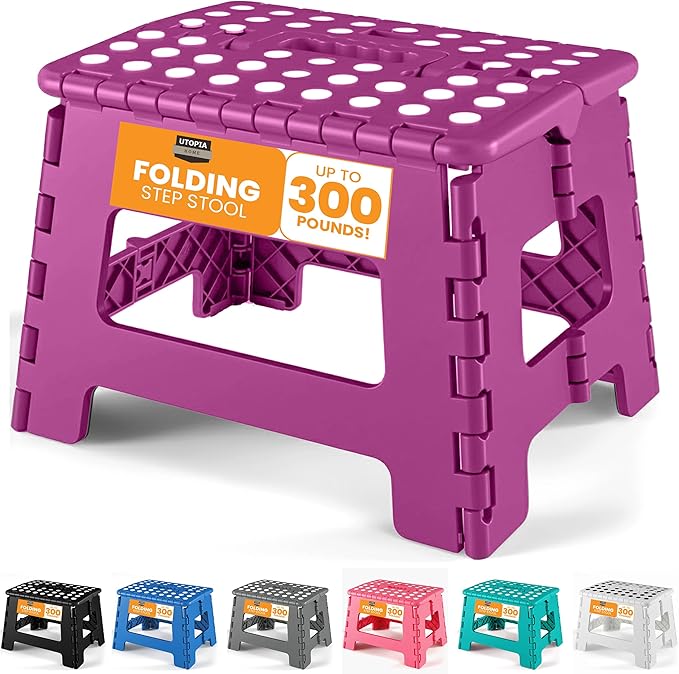 Utopia Home Folding Step Stool with Handle – 9 Inch Anti Slip Collapsible Stool – Holds Up to 300 lbs – Sturdy Plastic Step Stool Foldable for Kitchen, Bathroom and Home Use (1-Pack, Purple) UTOPIAHOME