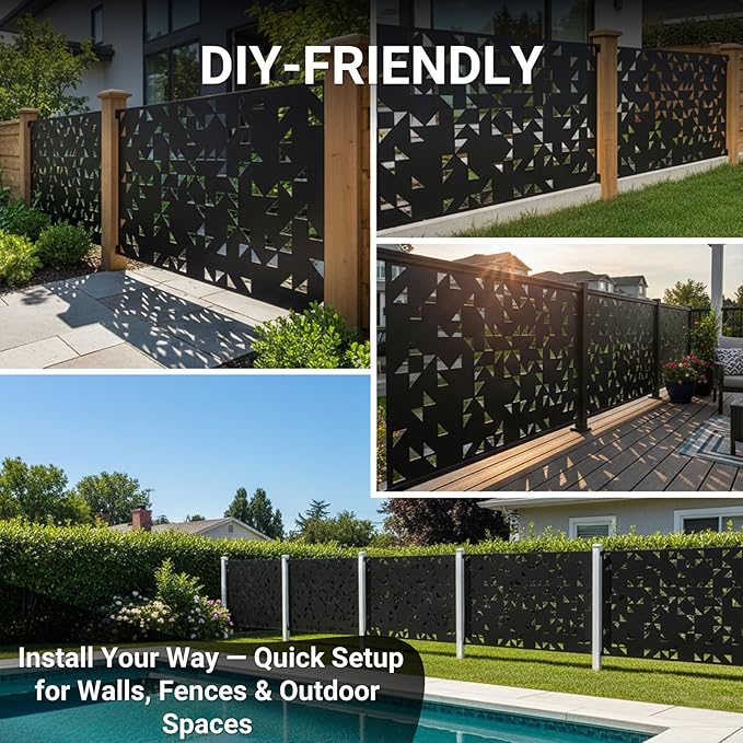 Metal Privacy Screen Outdoor 6FT – Laser-Cut Geometric Mosaic Decorative Steel Panel, Weather-Resistant Freestanding Rustproof Privacy Wall Divider for Patio, Garden, Deck & Balcony TALLYVERUS