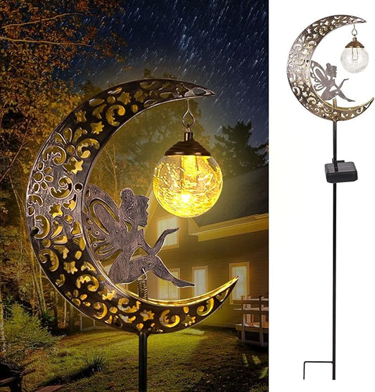 Solar Garden Lights Outdoor Decor,Moon Fairy Crackle Glass Lights,Waterproof Warm White LED Metal Stake Ornament,for Walkway Backyard Patio Lawn Pathway Decorations-Unique Gift Ideas for Gardening QOCNAM